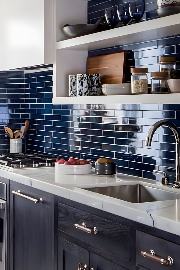 Blue and white geometric ceramic kitchen backsplash tiles with rectangular shape