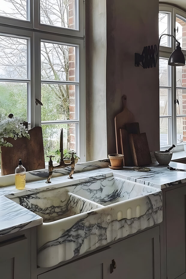 Countryside kitchen with marble farmhouse sink