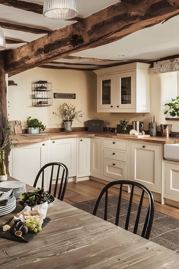 Cozy countryside kitchen with wooden beam