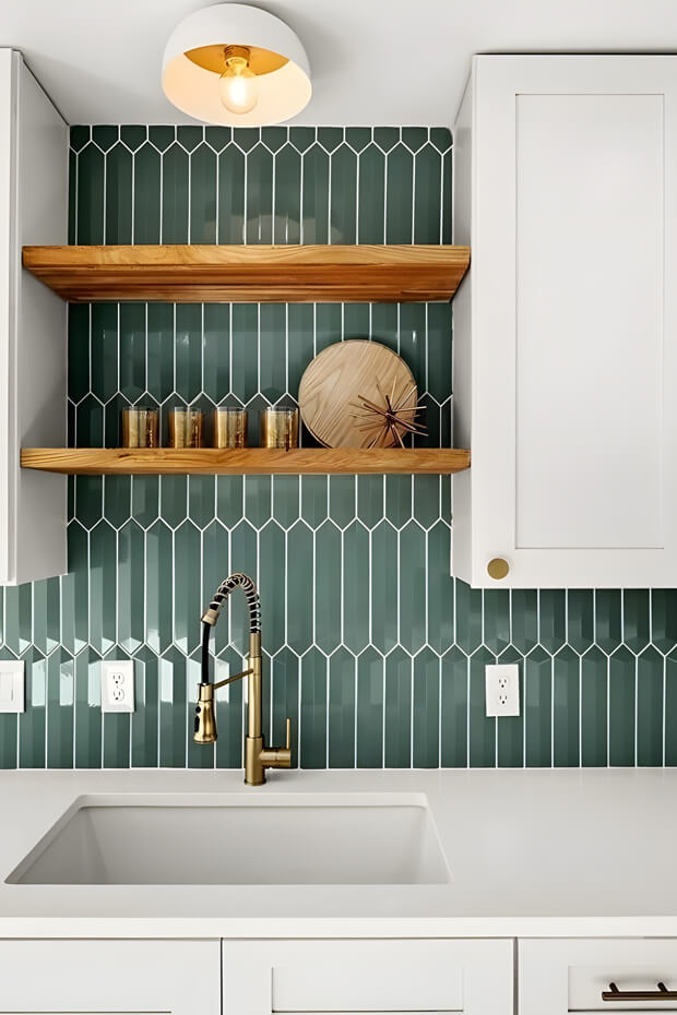 Green and white geometric ceramic kitchen backsplash tiles with rectangular shape