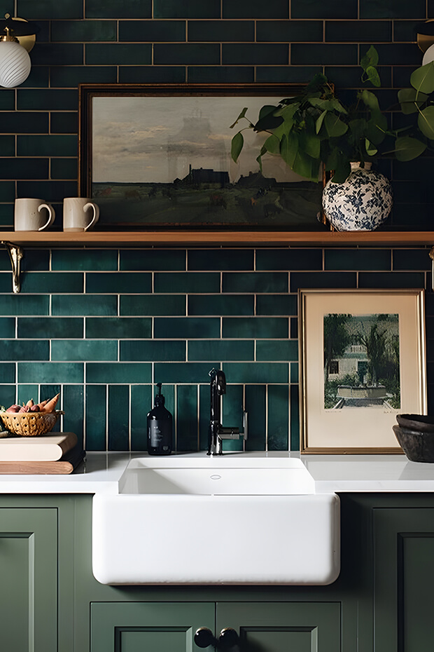 Green and white herringbone patterned ceramic kitchen backsplash tiles