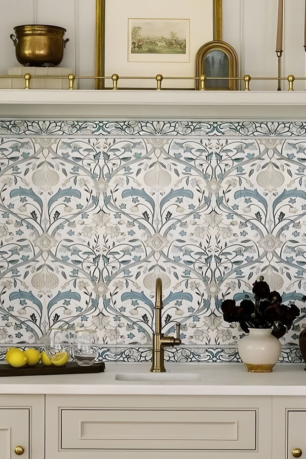 Intricate design ceramic kitchen backsplash tiles with flowers and leaves in blue, green, and yellow
