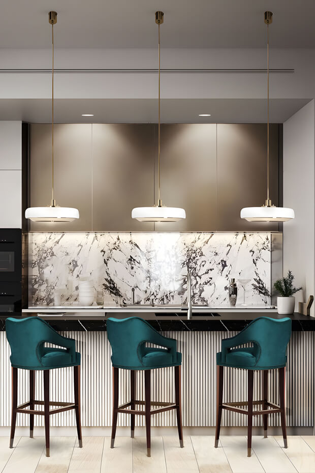 Modern and stylish recessed lights and pendant lights above kitchen island