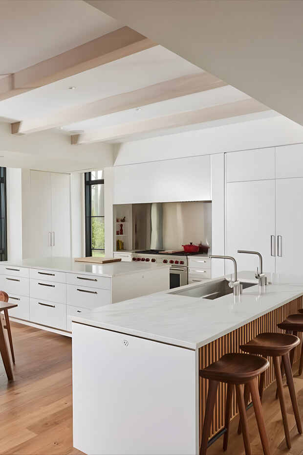 Modern kitchen with white cabinets and large center island