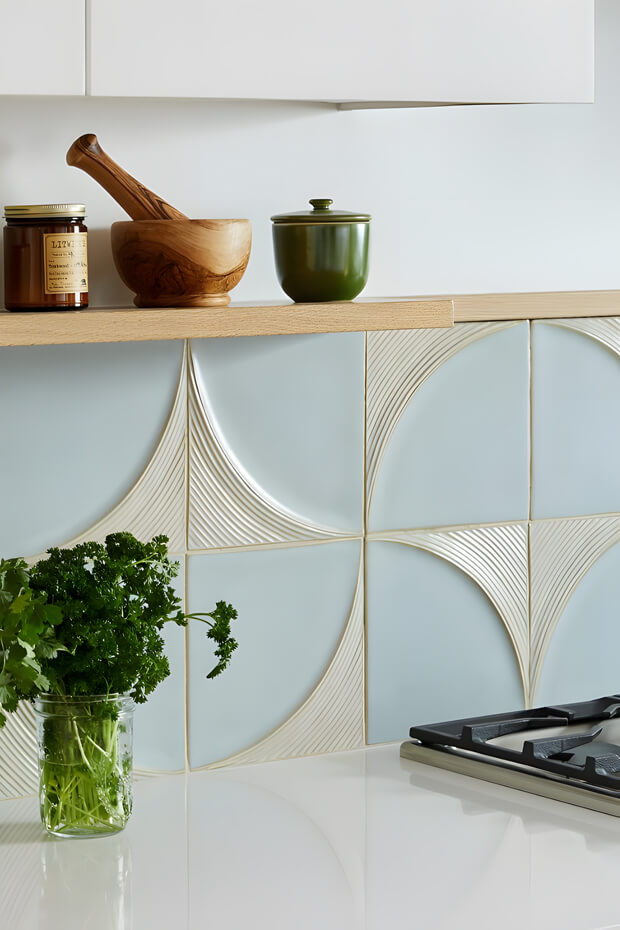 White and blue geometric ceramic kitchen backsplash tiles resembling waves or circles