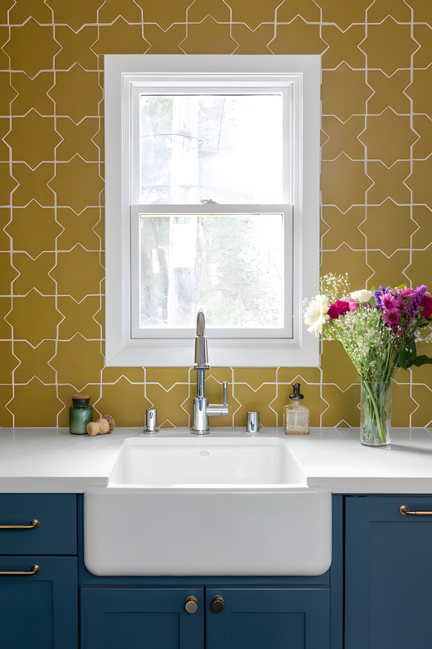 White and brown geometric patterned kitchen backsplash tiles