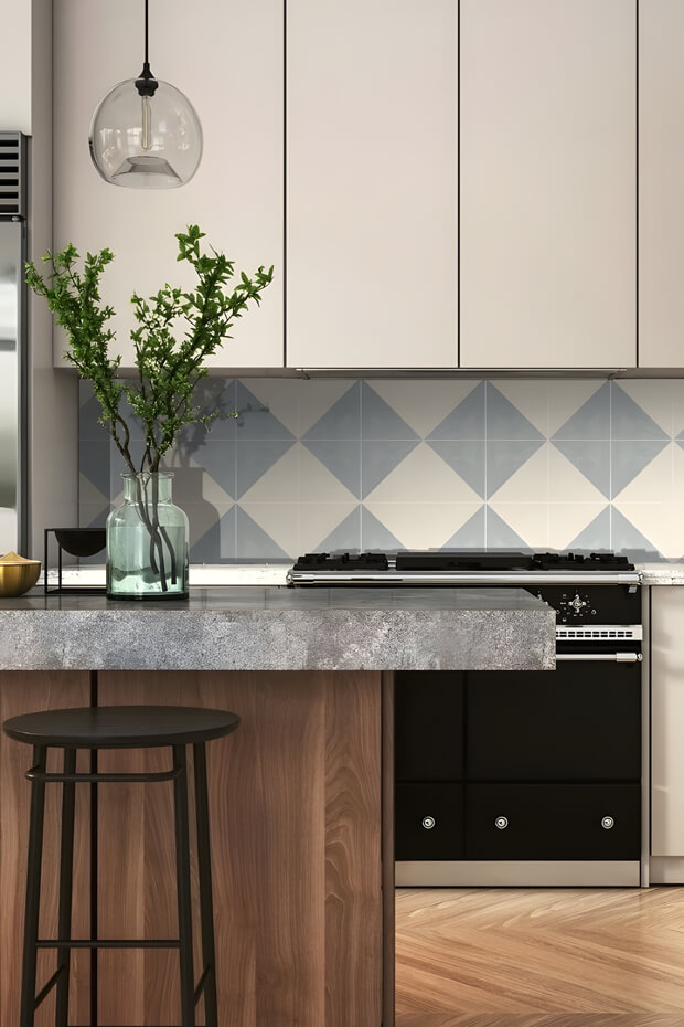 White and grey chevron design triangular kitchen backsplash tiles