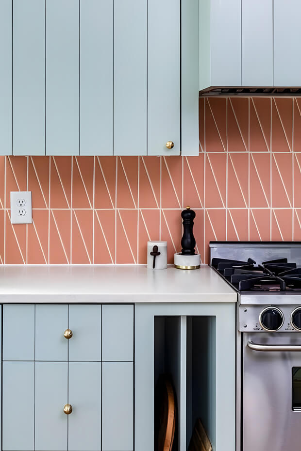 White and pink geometric design triangular ceramic kitchen backsplash tiles