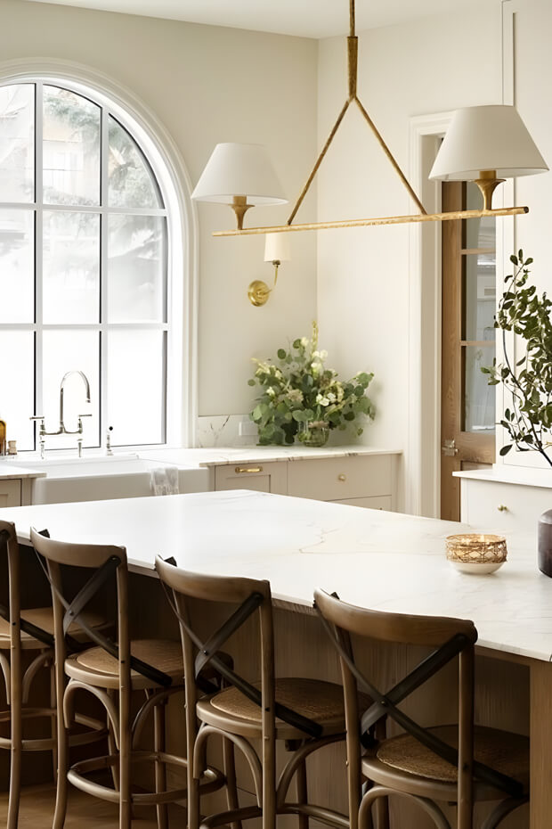 Wooden shade hanging lamps with brass finish above kitchen island